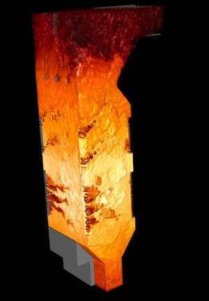 Cutaway of a supercomputer simulation shows coal combustion inside a proposed carbon-capturing power plant designed for lower costs and emissions.