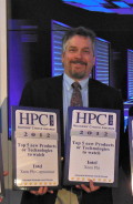 Joe Curley, Director of Marketing, Data Center Group at Intel displays Intel's dual HPCwire 2012 Top 5 New Products or Technologies to Watch Awards for Xeon Phi