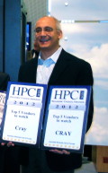 Pete Ungaro CEO, Cray, poses with his dual 2012 HPCwire Top 5 Vendors to Watch awards