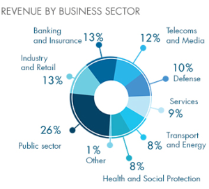 Breakdown of Bull's business reach by sector. Recall that 85% of this is in Europe, with 55% in its native France.