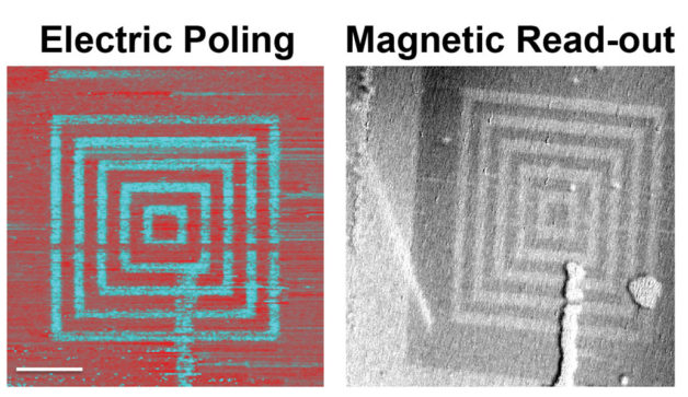 The researchers use electric fields to create concentric boxes of “up” and “down” ferroelectric polarization (shown left in red and turquoise) in the lutetium ferrite film. They then use photo emission electron microscopy at the Advanced Light Source to read out the magnetic structure from this region, demonstrating that the magnetism directly tracks the ferroelectric structure even though no magnetic fields were applied. The scale bar is 5 microns. (Credit: James Clarkson, Alan Farhan, and Andreas Scholl/Berkeley Lab)