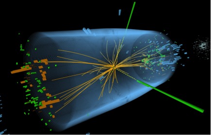 The Compact Muon Solenoid (CMS) is one of two large general-purpose detectors on the LHC. The image above captures a candidate proton-proton event as a part of the CMS search for the Higgs boson. Source: CERN