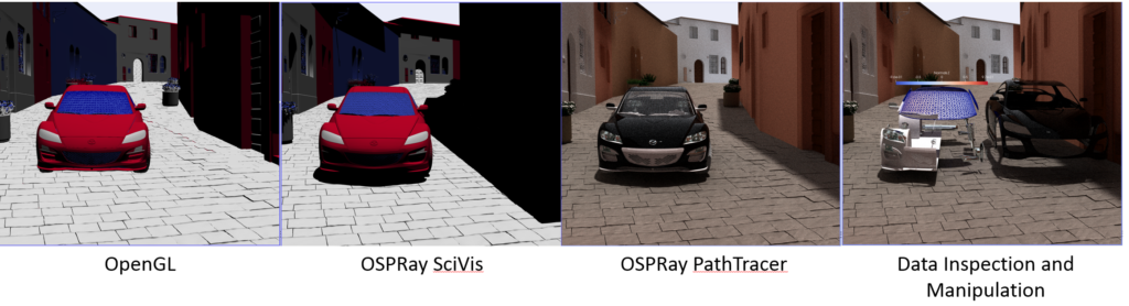 Figure 2: Comparative images showing OpenGL vs. ParaView Path tracer render which illustrate the path from OpenGL-only rendering to the creation of visually compelling photorealistic ray traced images using only free, production quality open-source software like ParaView (Images courtesy Kitware)